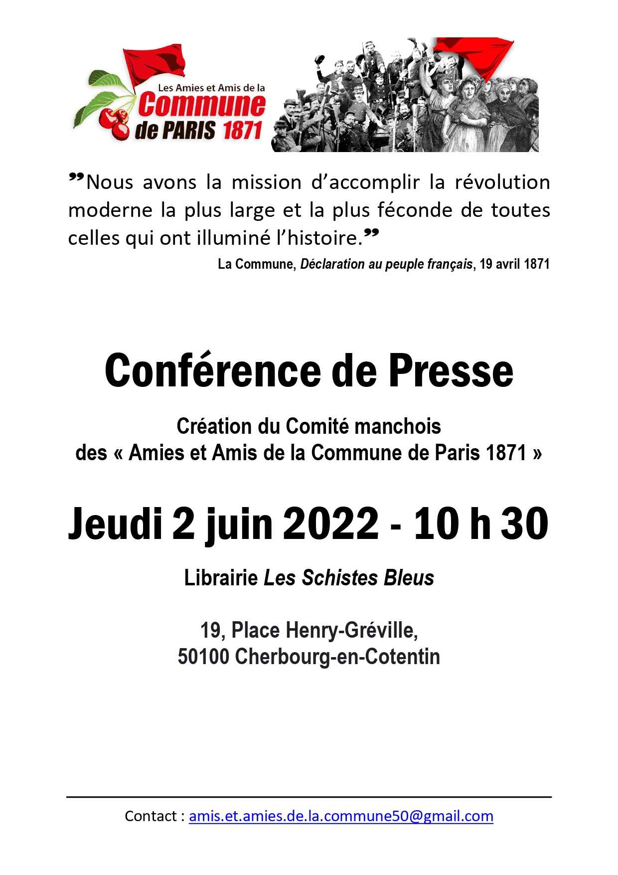 Affiche qui annonçait la crétaion du Comité manchois par une conférence de presse du 2 juin 2022